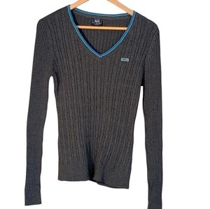 Le Tigre Gray Cable Knit Sweater with Blue Accents Logo Preppy Y2k Casual